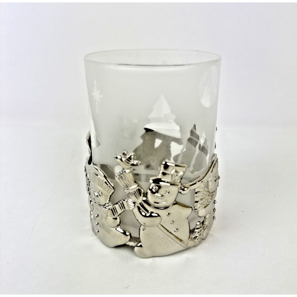 Snowman Silver Toned Base Frosted Glass Votive Candle Holder Holiday Christmas